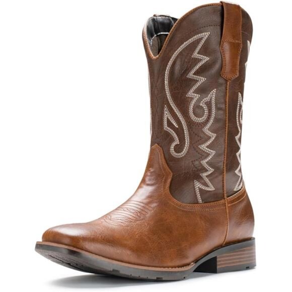 Cowboy Boots For Men with Wide Square Toe Western Retro Boot Durable